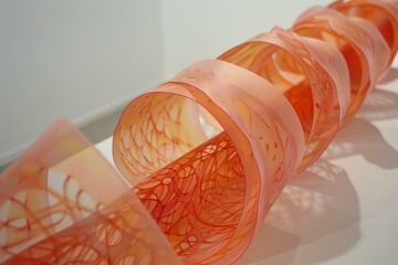 Poster - Translucent orange and red glass sculpture forming swirls and organic shapes on a white surface
