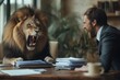 © ArtCraft - Lion and businessman in intense discussion for office stress or highpressure work environment concepts