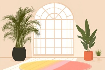 Poster - Sunlit indoor room with large arched windows lush green plants and warm tones creating a serene minimalist space with a focus on tranquility and natural beauty