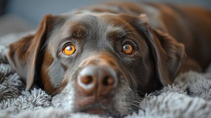 Wall Mural - Brown dog with a black nose and brown eyes is laying on a blanket. The dog appears to be relaxed and comfortable