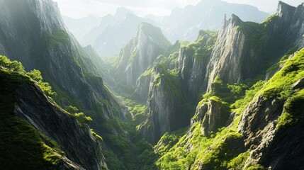 Wall Mural - A sunlit valley carved between towering green cliffs