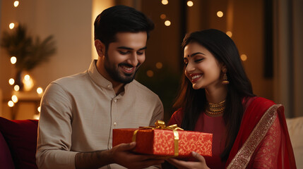 Indian Couple wearing Traditional attire and Sharing Gifts During Diwali and Karwachauth Celebrations