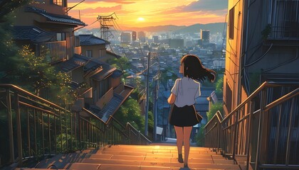 Wall Mural - Anime girl descending residential stairway with golden hour city backdrop in vibrant Japanese animation style digital art illustration