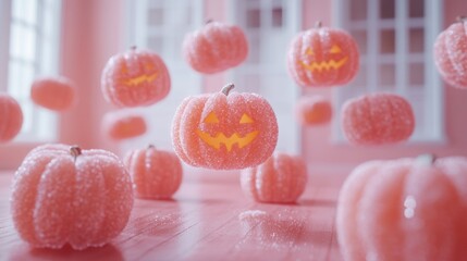 Many small pumpkins that are on the table, halloween holiday candy