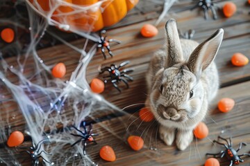 cute fluffy gray bunny in spider web on wooden background top view