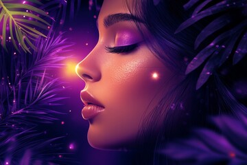 Wall Mural - Abstract portrait of a woman in deep thought with glowing neon accents and futuristic lighting symbolizing mystery introspection and modern beauty