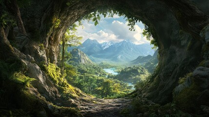 Poster - A  View Through A Cave Opening Revealing A Lush Mountain Valley