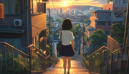 Wall Mural - Anime girl descending residential stairway with golden hour city backdrop in vibrant Japanese animation style digital art illustration