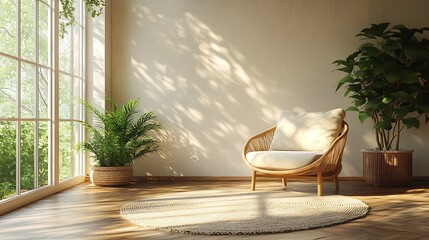 Poster - Cozy living room interior design with wicker armchair, potted plants, and sunlight streaming through large windows