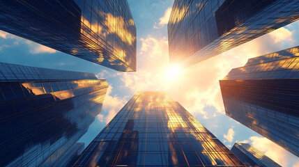 Fototapete - Towering skyscrapers reflect sunset colors in a busy financial district, blending steel and glass for a modern urban landscape symbolizing success
