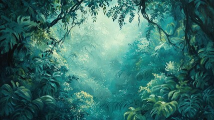 Poster - Lush Green Tropical Jungle with Sun Rays Filtering Through the Canopy