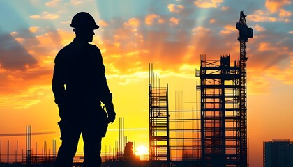 Sticker - Hopeful silhouettes of construction workers against a radiant sunrise, representing new beginnings in the modern industrial workforce