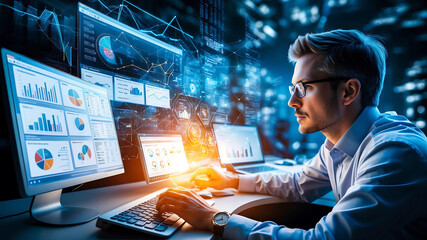 analyzing data specialist, immersed in the world of technology and finance, gazes intently at a glowing computer screen and multifaceted dashboard. The Data Management System Key Performance Indicator