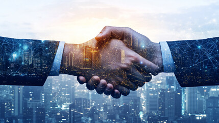 Poster - Cityscape double exposure with businessmen shaking hands, representing a successful business deal