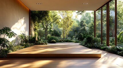 Canvas Print - Modern minimalist interior design with large windows overlooking a lush tropical garden