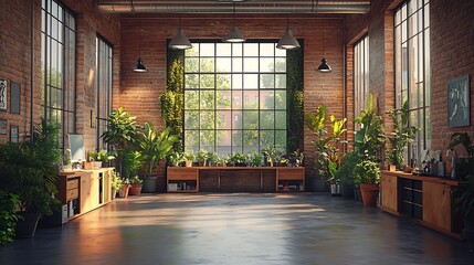 Sticker - Spacious loft interior design with large windows, exposed brick walls, and green plants