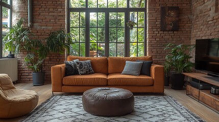 Canvas Print - Modern living room interior design with exposed brick walls, large windows and comfortable furniture