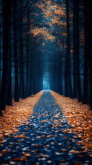 Wall Mural - A path lined with trees leads through a forest, the leaves scattered on the ground.