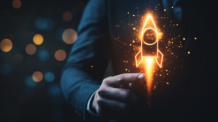 Aufkleber - Businessman is launching a digital glowing orange rocket icon as a concept for startup and innovation