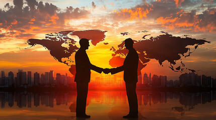 Poster - Two business professionals sealing a global deal with a handshake in front of a world map