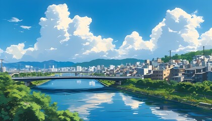 Wall Mural - Vibrant Japanese Urban Landscape Under Sunny Sky with Lumpy Clouds, Featuring Rivers, Bridges, and Riverside Scenery in Anime-Inspired Digital Art