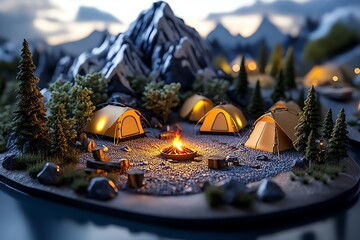 Aufkleber - 3D digital model of a mountain campsite, where users can interact with the tents, campfire, and surrounding nature, creating a fully immersive outdoor experience