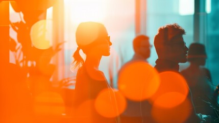 A creative and abstract image of people in silhouettes, bathed in vivid orange light at a business event. The bold lighting and abstract composition evoke a dynamic and modern atmosphere of innovation