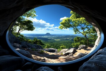 Aufkleber - 3D digital rendering of a scenic outdoor hike, where users can explore the rugged trails, mountains, and forests in a fully interactive virtual environment