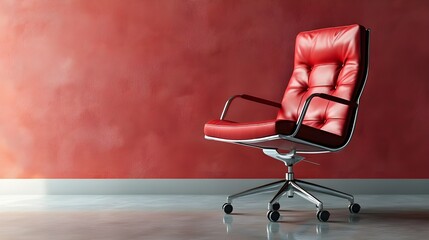 Elegant red leather office chair on a shiny floor in an empty room, with a wall behind and ample copy space.