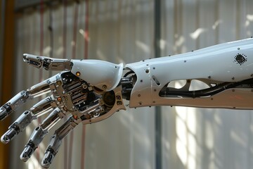 Poster - White robot arm with exposed circuitry reaching out with an open hand
