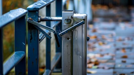 A close-up of a broken turnstile at the entrance.