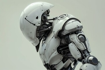 Poster - Futuristic robot with white armor plating looking down with its head tilted