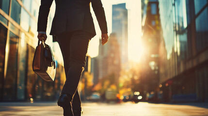 Poster - Confident executive strolling through city at sunset, holding briefcase. Radiates ambition and resolve in urban setting. Path to career success and leadership