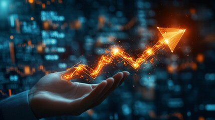 Poster - Businessman holds a shining upward trend arrow, representing growth and success in the business world