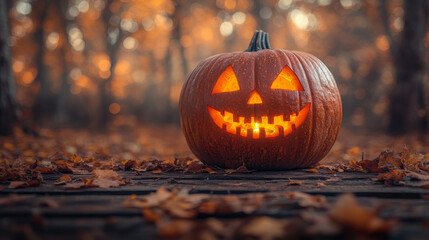 Sticker - A carved pumpkin glows in a forest setting.