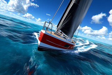 Poster - 3D rendering of a sailboat race, where users can control the boat, adjust the sails, and race through realistic digital oceans with changing wind and weather conditions