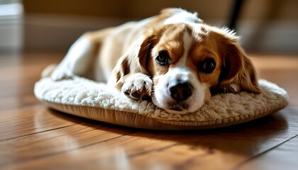 Wall Mural - Cozy Beagle Enjoying a Warm Nap on Hardwood Floor in Modern Home Interior