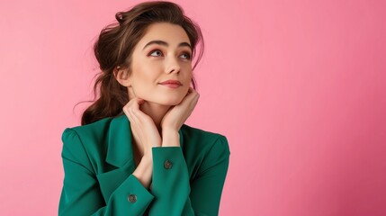 Thoughtful young woman in a green blazer against a pink background, conveying contemplation and modern style, ideal for fashion, lifestyle, and creative marketing themes