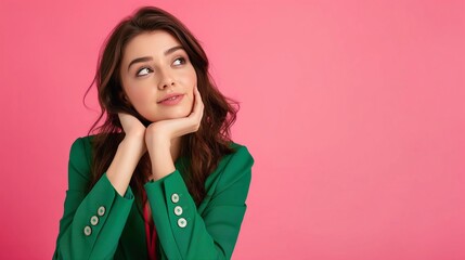 Thoughtful young woman in a green blazer against a pink background, conveying contemplation and modern style, ideal for fashion, lifestyle, and creative marketing themes