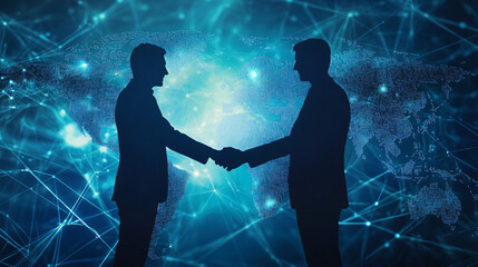 Two businessmen shake hands in front of a holographic world map, symbolizing global business collaboration