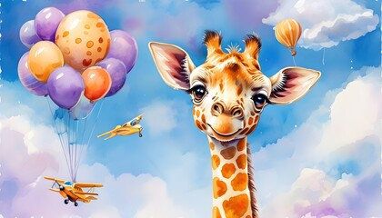 Poster - Charming Purple Watercolor Giraffe in a Whimsical Safari Scene with Balloons, Airplanes, Clouds for a Playful Childhood Adventure