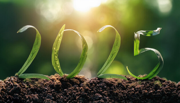 Numbers 2025 from green leaves background of nature. Eco-friendly Christmas banner for environmental protection
