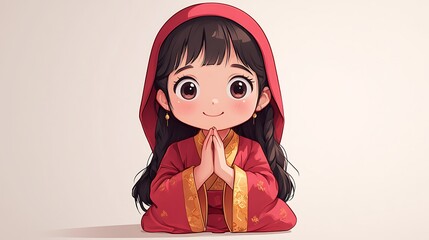 Sticker - Cute anime girl in red hooded dress with hands in prayer pose