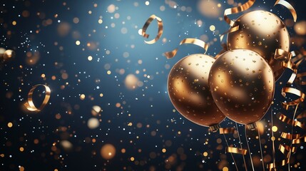 Wall Mural - golden balloons with star patterns and festive ribbons floating against a dark background, surrounde