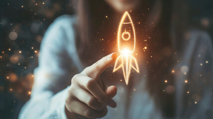 Poster - businesswoman touching glowing rocket startup icon, innovative idea and success in business concept