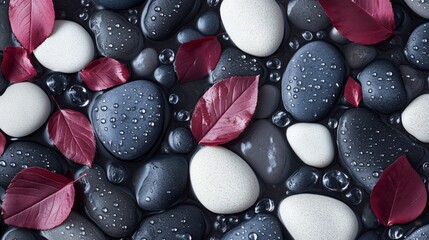 A pattern of navy and white pebbles interspersed with rich burgundy leaves and sparkling water droplets. The solid background color is a deep charcoal gray, highlighting the texture and depth. The