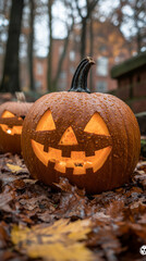 Poster - A carved pumpkin with a lit candle inside sits amongst fallen leaves.