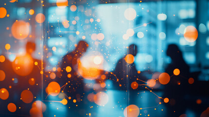 Poster - Business people working together with abstract network connection overlays in office space