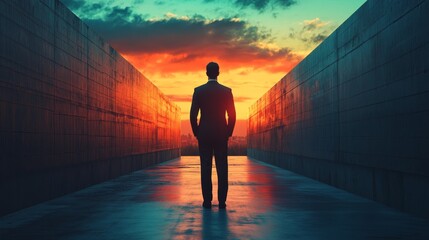 Wall Mural - A man stands in a tunnel with a sunset in the background