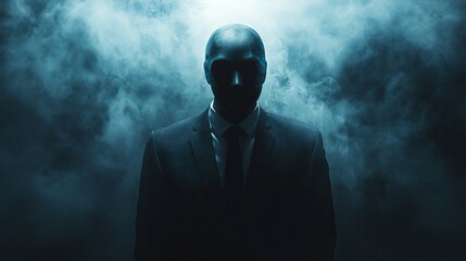 A man in a suit is standing in front of a dark background with a cloud of smoke